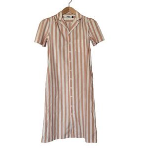 i.magnin Striped Midi Poplin Shirt Dress SZ 8 Pleated Sleeve Button Front Casual